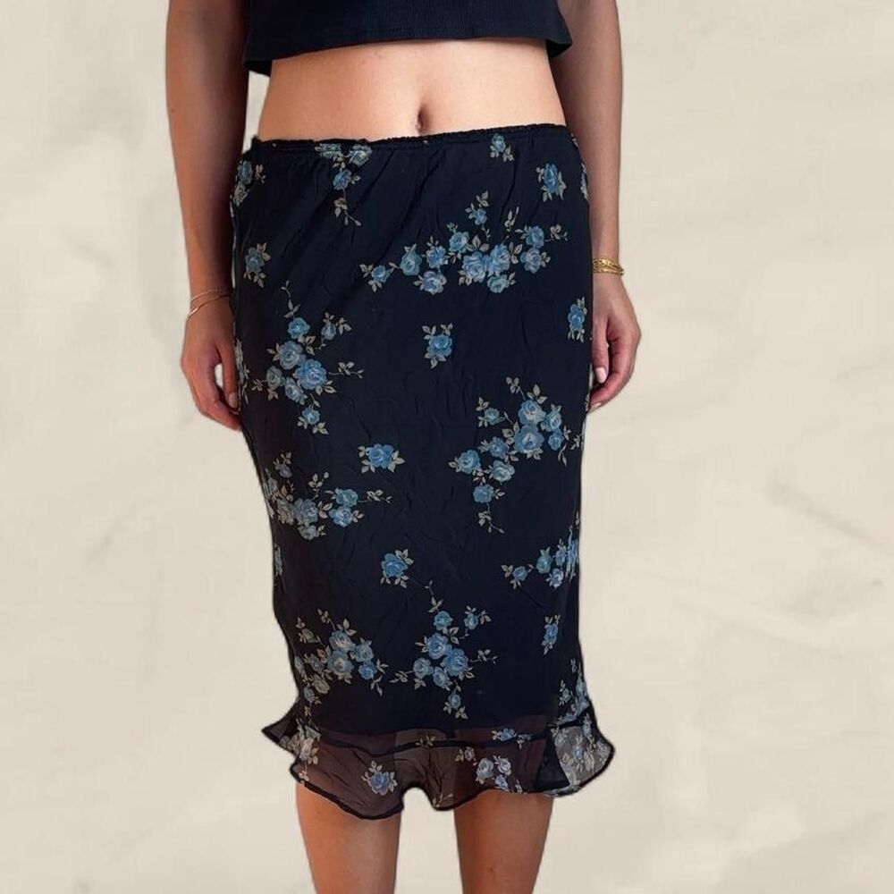 Vintage blue floral knee length skirt size medium